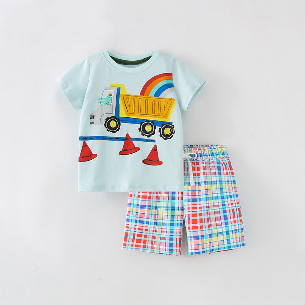Baby boy summer clothing set featuring a blue crewneck with a playful car print pattern, perfect for warm weather.