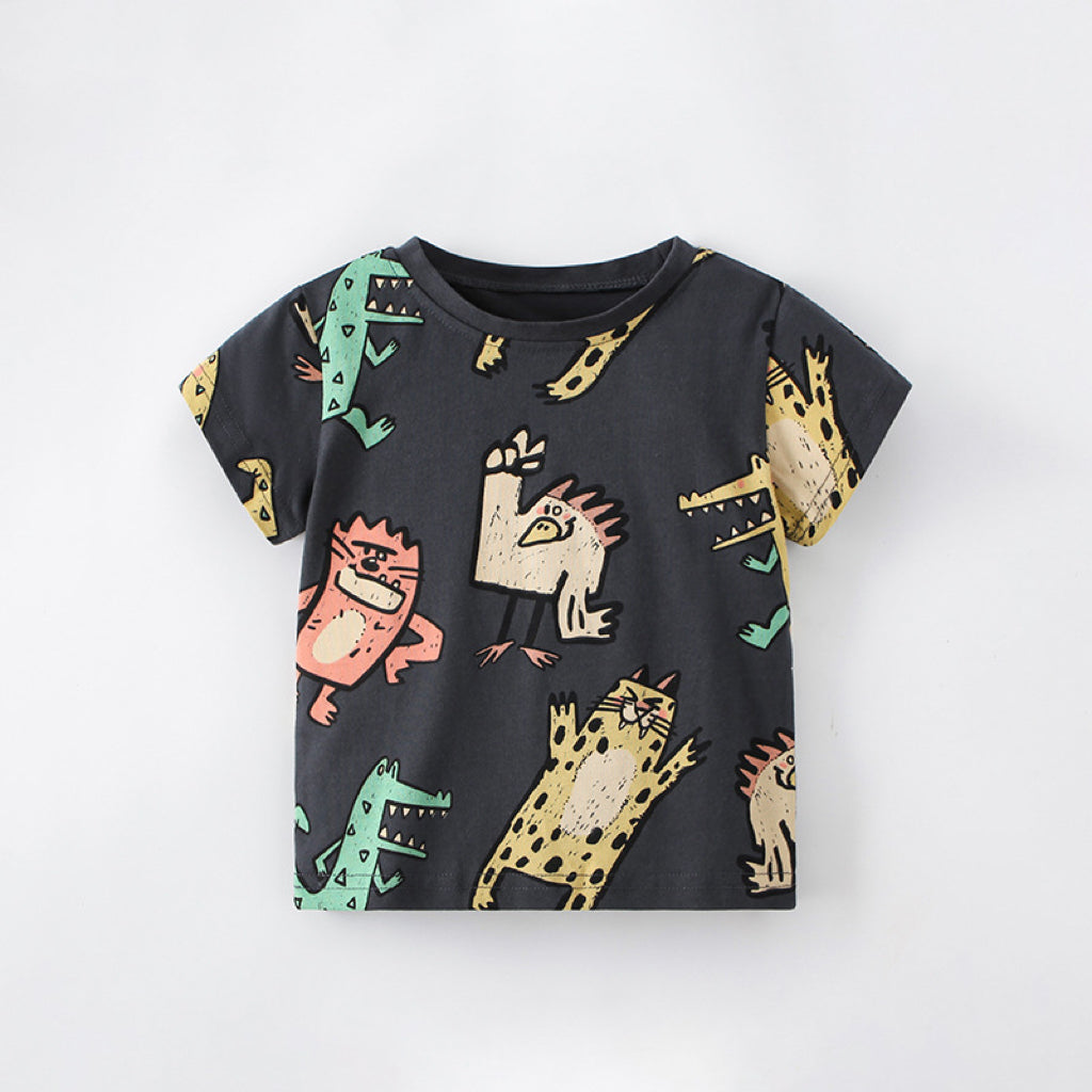 Baby Boy Cartoon Animal Graphic Crewneck Cotton T-Shirt in yellow and grey colors, featuring playful animal graphics.
