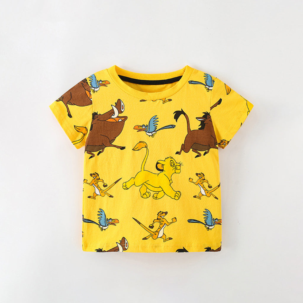 Baby Boy Cartoon Animal Graphic Crewneck Cotton T-Shirt in yellow and grey colors, featuring playful animal graphics.