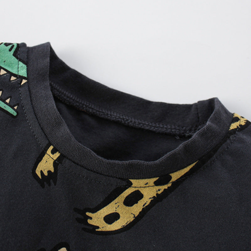 Baby Boy Cartoon Animal Graphic Crewneck Cotton T-Shirt in yellow and grey colors, featuring playful animal graphics.