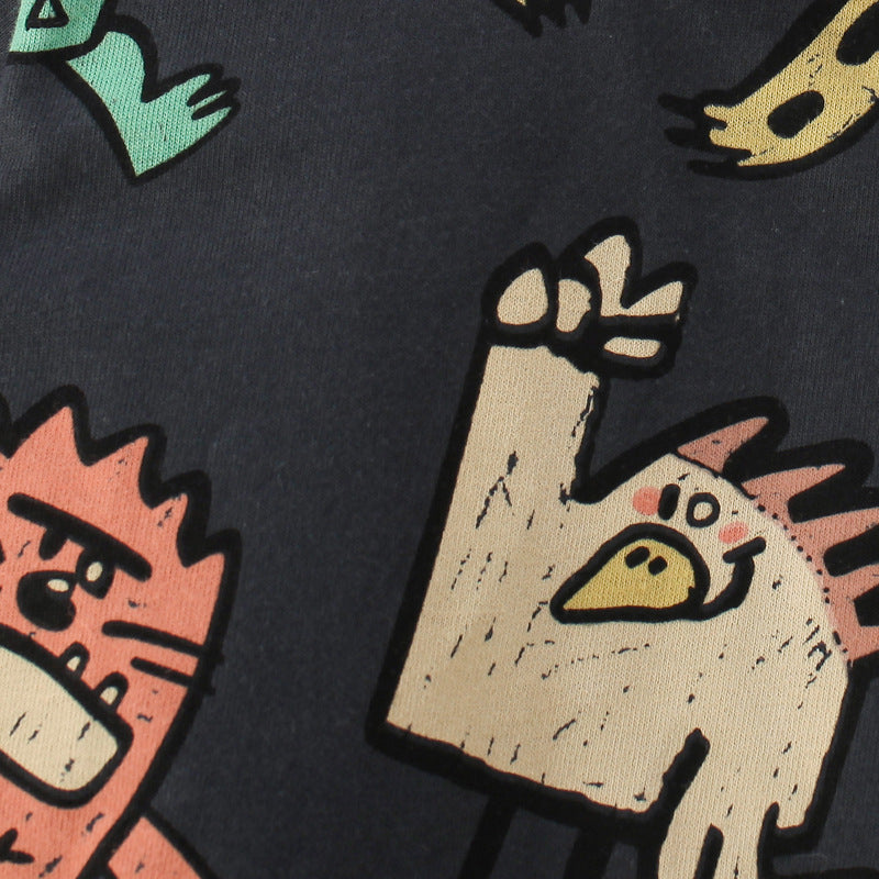 Baby Boy Cartoon Animal Graphic Crewneck Cotton T-Shirt in yellow and grey colors, featuring playful animal graphics.