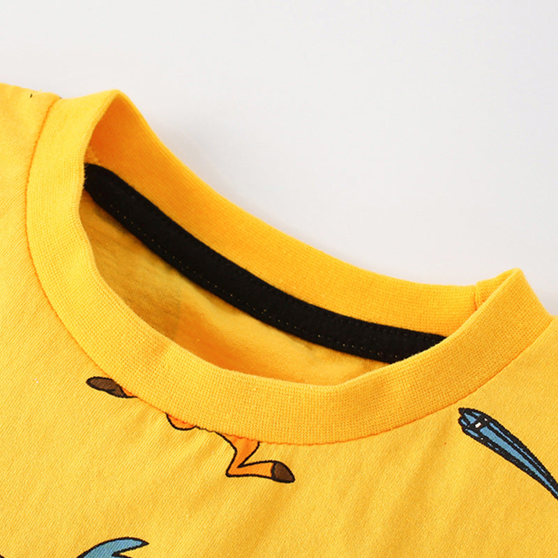 Baby Boy Cartoon Animal Graphic Crewneck Cotton T-Shirt in yellow and grey colors, featuring playful animal graphics.