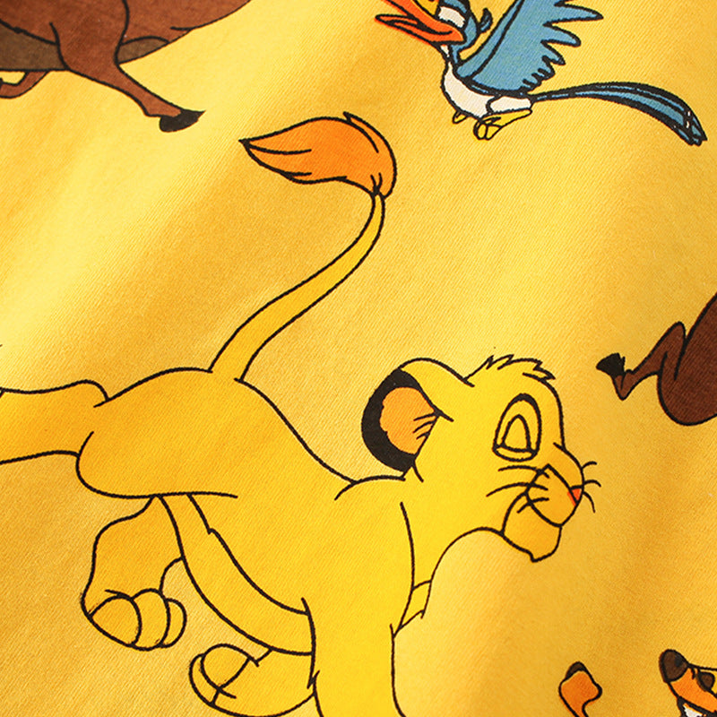 Baby Boy Cartoon Animal Graphic Crewneck Cotton T-Shirt in yellow and grey colors, featuring playful animal graphics.