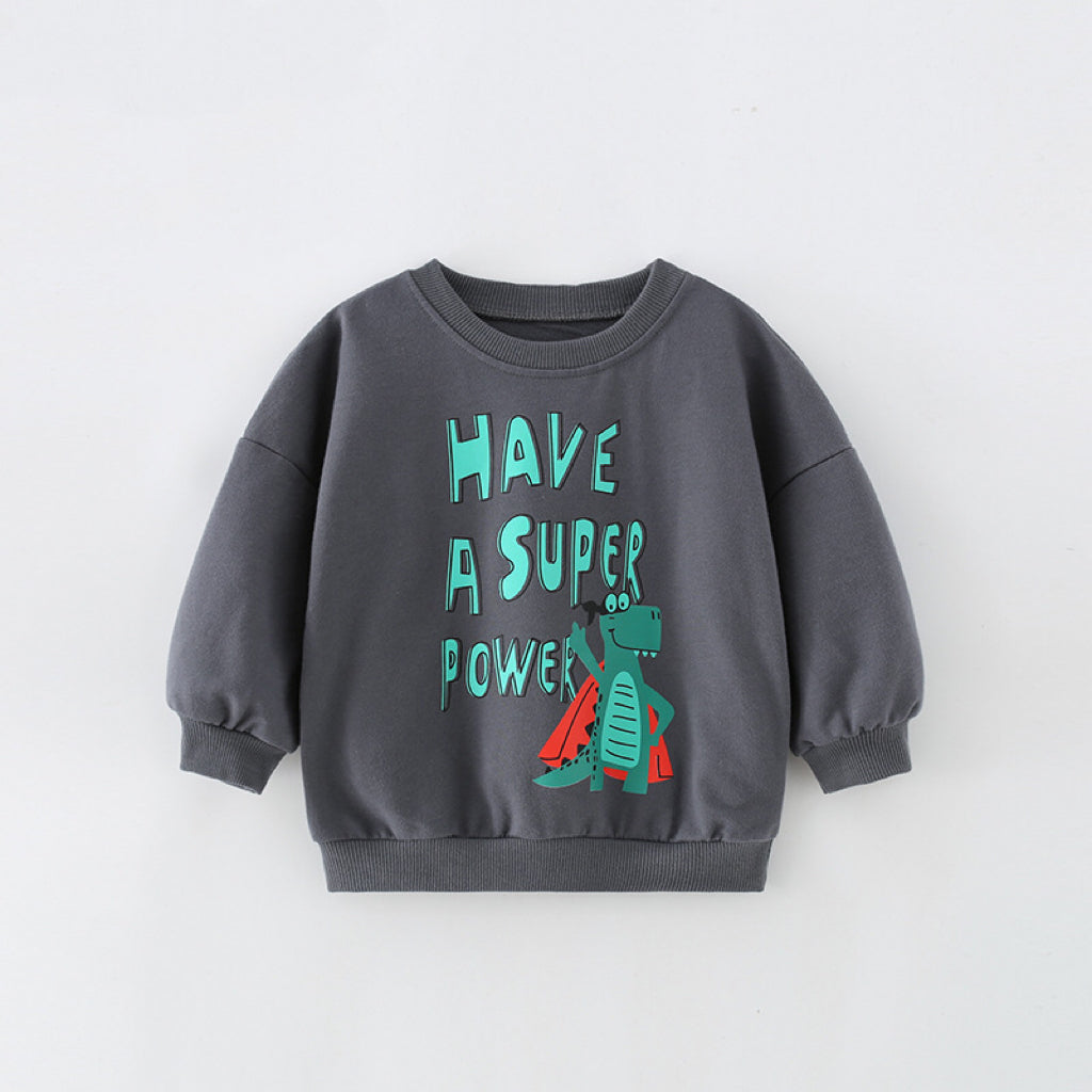 Baby boy sweatshirt featuring a cartoon animal pattern in grey, perfect for cooler months.