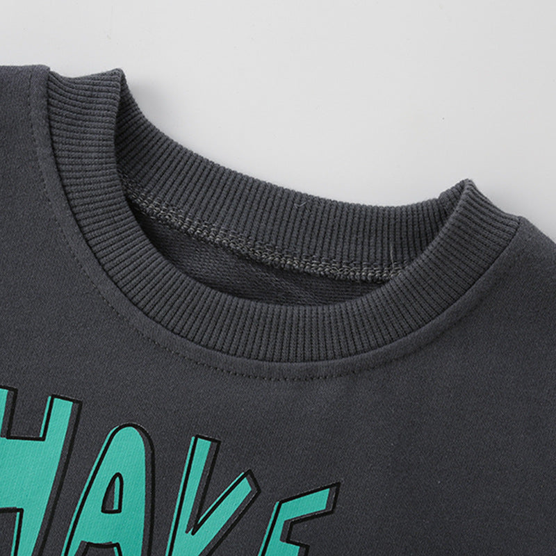 Baby boy sweatshirt featuring a cartoon animal pattern in grey, perfect for cooler months.
