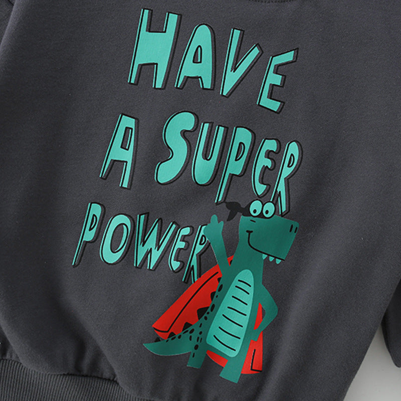 Baby boy sweatshirt featuring a cartoon animal pattern in grey, perfect for cooler months.