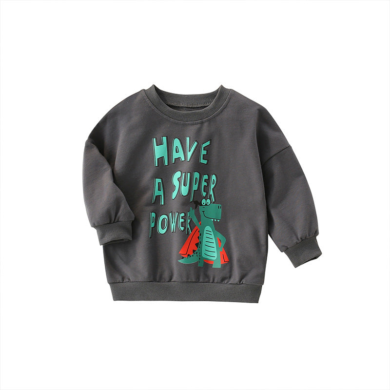 Baby boy sweatshirt featuring a cartoon animal pattern in grey, perfect for cooler months.