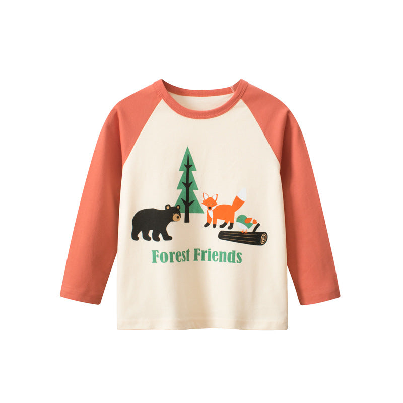 A vibrant orange shirt for baby boys featuring a cute cartoon animal print pattern, made from soft cotton material.