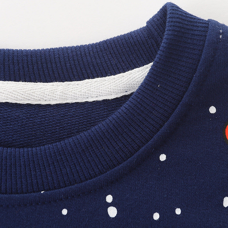 Baby Boy Cartoon Animal Print Pattern O-Neck Pullover Hoodie in navy blue, featuring playful animal designs, perfect for toddlers.