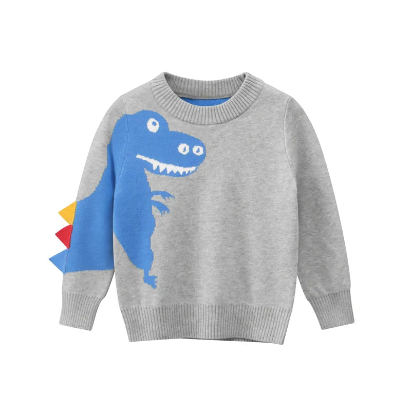 Baby boy wearing a cartoon dinosaur embroidered knitted sweater in blue, showcasing a playful design and cozy fit.