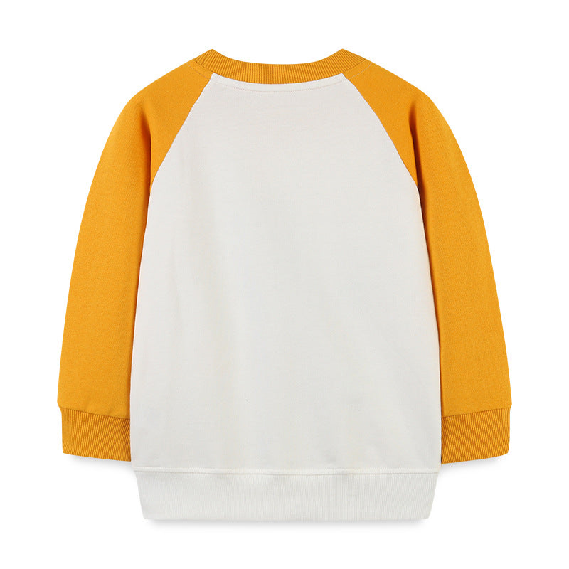 Baby boy wearing a colorful cotton hoodie with a cartoon dinosaur pattern, perfect for playful adventures.