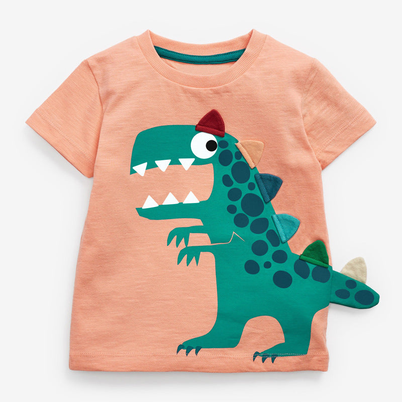 Bright orange Baby Boy Cartoon Dinosaur Print Tee with a 3D tail design, perfect for summer wear.