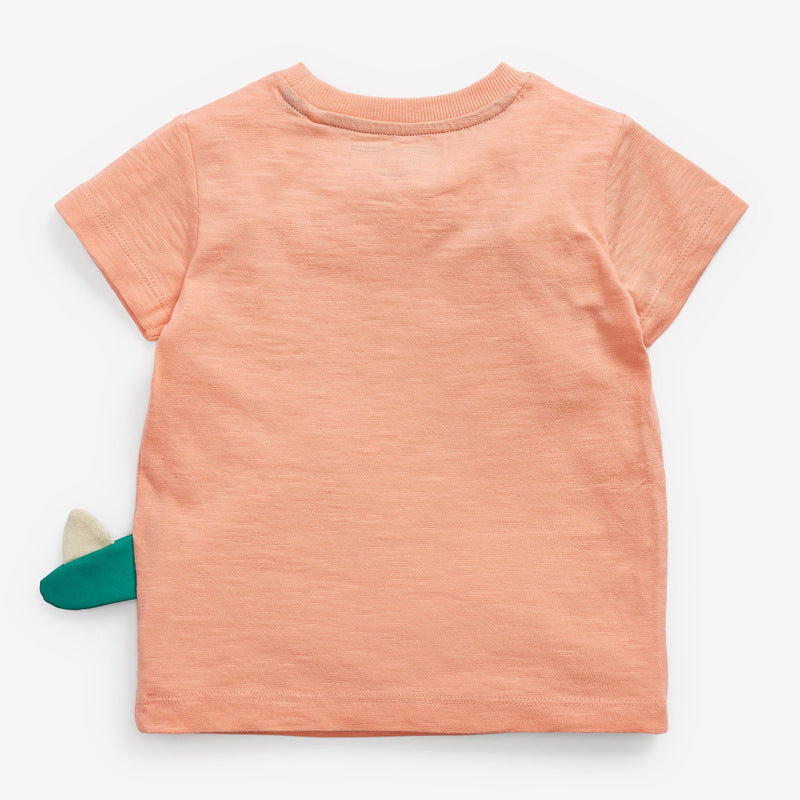 Bright orange Baby Boy Cartoon Dinosaur Print Tee with a 3D tail design, perfect for summer wear.