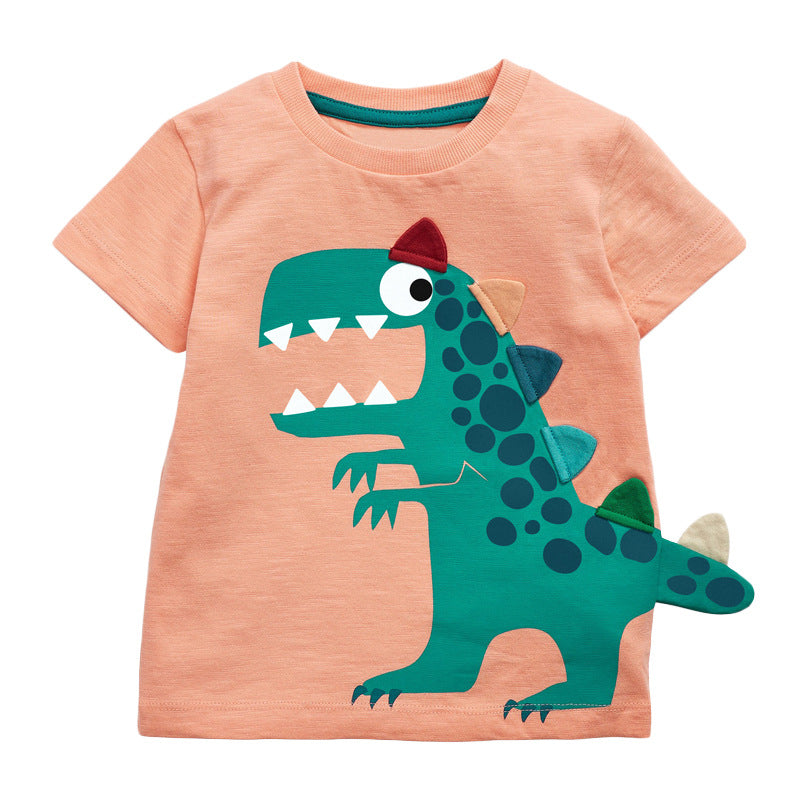 Bright orange Baby Boy Cartoon Dinosaur Print Tee with a 3D tail design, perfect for summer wear.