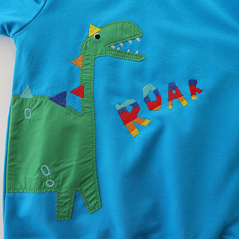 Baby boy wearing a blue pullover hoodie with cartoon dinosaur and slogan pattern, perfect for spring and autumn.