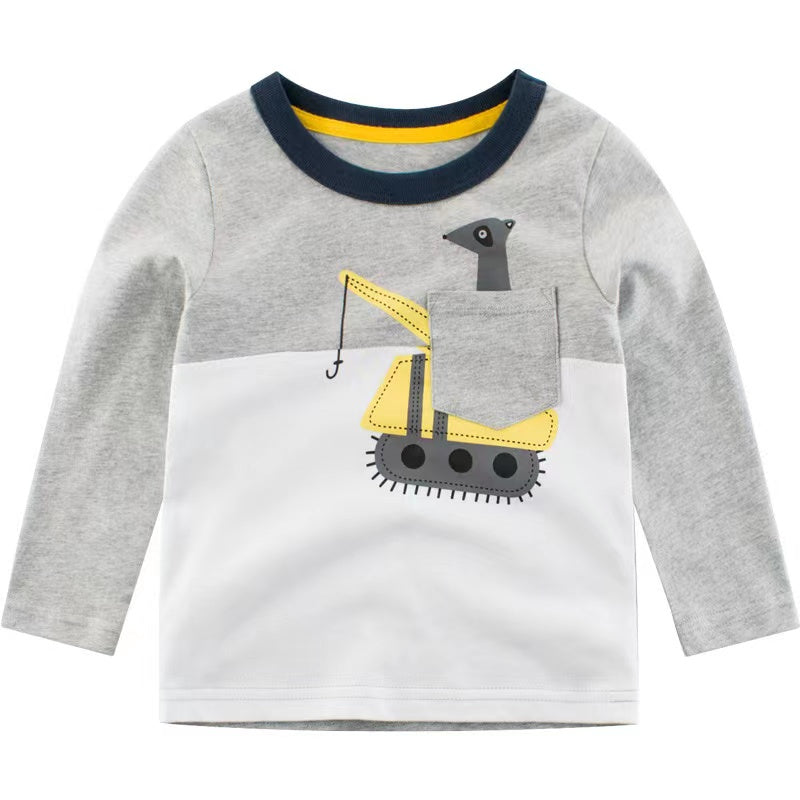Baby boy shirt featuring cartoon excavator and animal patterns in grey cotton fabric, perfect for casual wear.