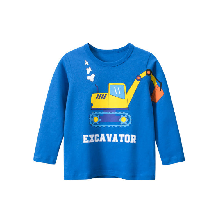 Baby boy long sleeve cotton shirt featuring a colorful cartoon excavator pattern, perfect for comfort and style.