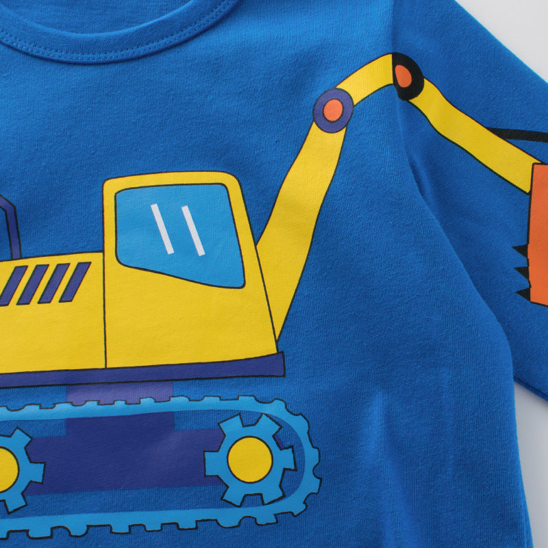 Baby boy long sleeve cotton shirt featuring a colorful cartoon excavator pattern, perfect for comfort and style.