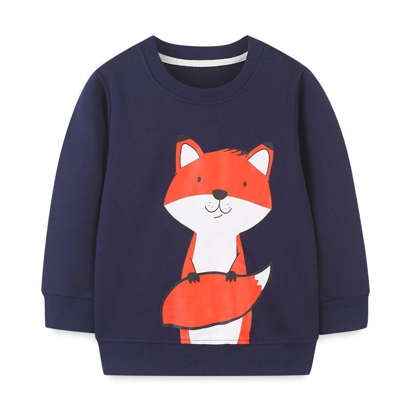 A navy blue hoodie for baby boys featuring a playful cartoon fox print, perfect for cool weather.