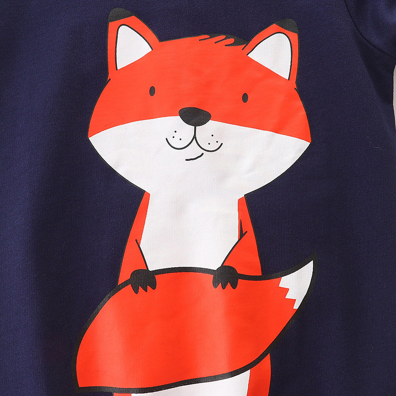 A navy blue hoodie for baby boys featuring a playful cartoon fox print, perfect for cool weather.