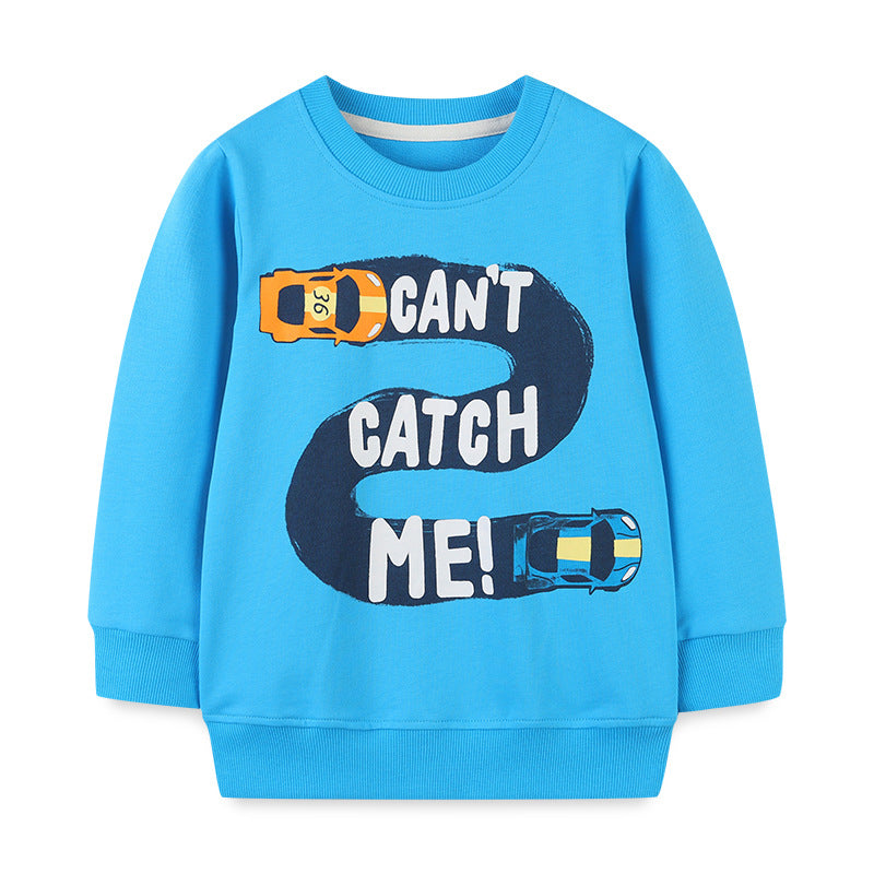 A baby boy wearing a blue cartoon graphic long sleeve hoodie made of quality cotton, showcasing a playful design.