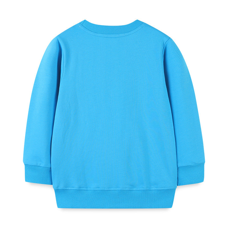 A baby boy wearing a blue cartoon graphic long sleeve hoodie made of quality cotton, showcasing a playful design.