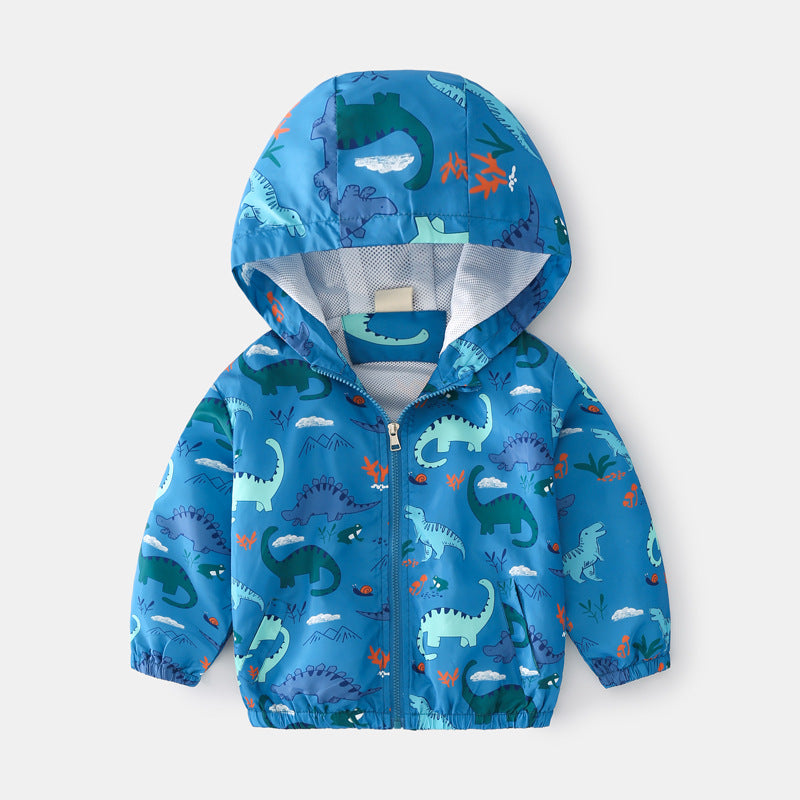 Baby boy wearing a cartoon pattern zipper front mesh cloth jacket coat in various colors, showcasing its playful design and comfortable fit.