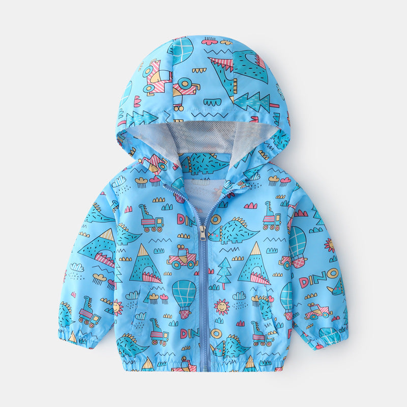 Baby boy wearing a cartoon pattern zipper front mesh cloth jacket coat in various colors, showcasing its playful design and comfortable fit.