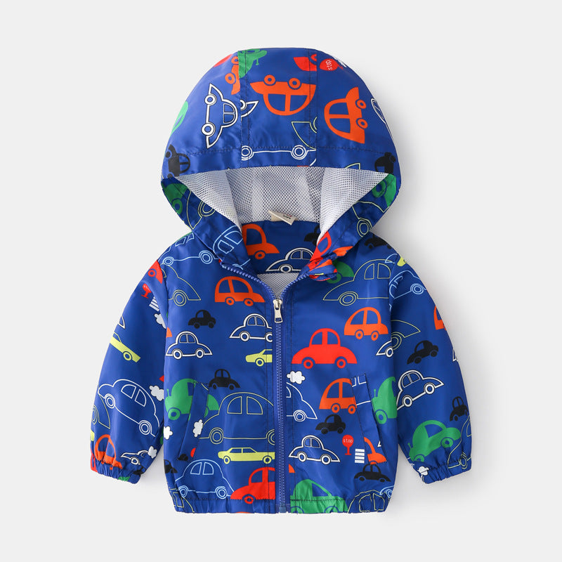 Baby boy wearing a cartoon pattern zipper front mesh cloth jacket coat in various colors, showcasing its playful design and comfortable fit.