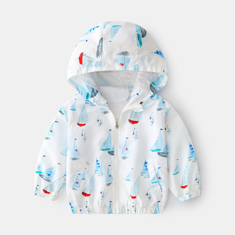 Baby boy wearing a cartoon pattern zipper front mesh cloth jacket coat in various colors, showcasing its playful design and comfortable fit.
