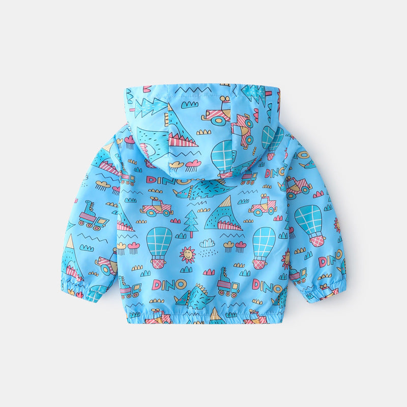 Baby boy wearing a cartoon pattern zipper front mesh cloth jacket coat in various colors, showcasing its playful design and comfortable fit.