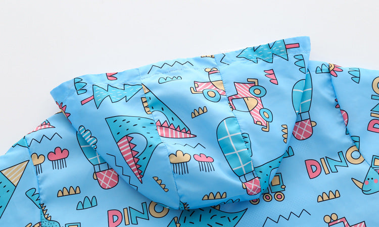Baby boy wearing a cartoon pattern zipper front mesh cloth jacket coat in various colors, showcasing its playful design and comfortable fit.
