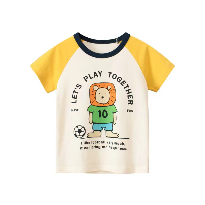 Baby boy wearing a yellow cartoon print colorblock short sleeve top, showcasing a playful design perfect for summer.