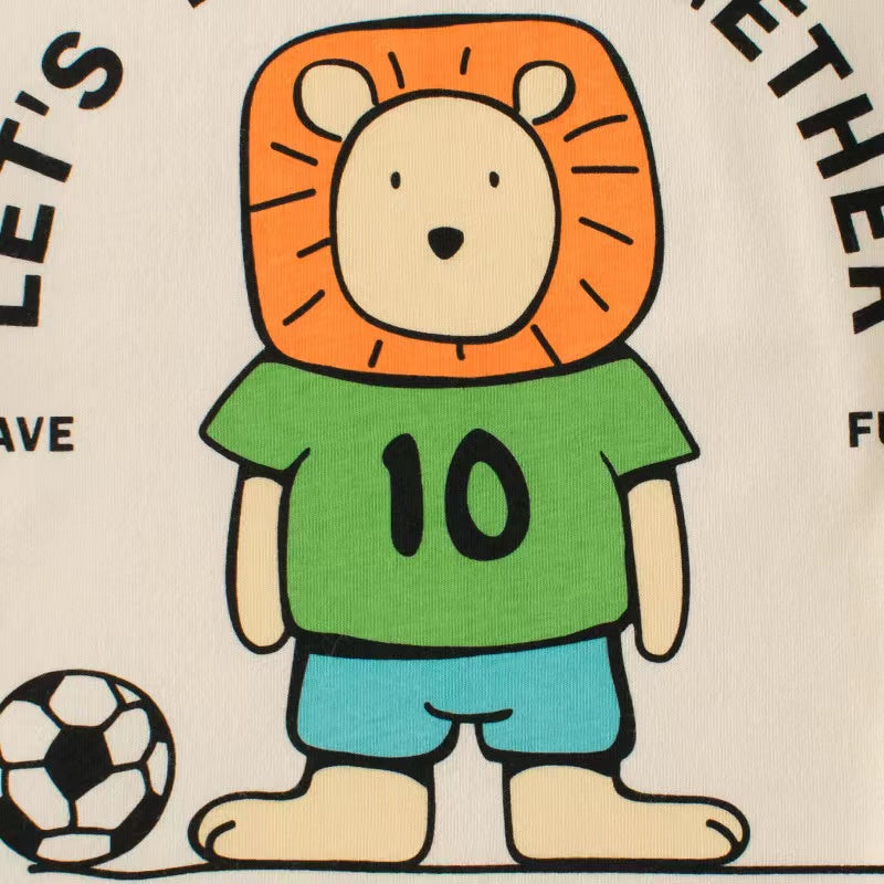 Baby boy wearing a yellow cartoon print colorblock short sleeve top, showcasing a playful design perfect for summer.