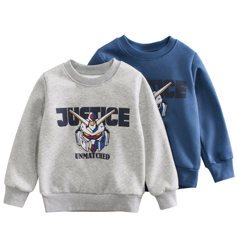 A cozy baby boy hoodie featuring cartoon patterns and slogans in blue and grey colors, perfect for winter wear.