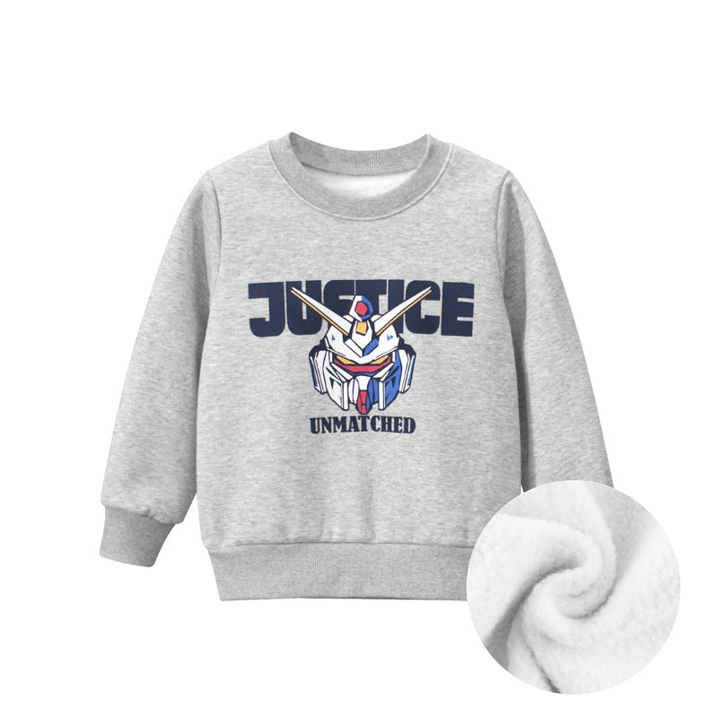 A cozy baby boy hoodie featuring cartoon patterns and slogans in blue and grey colors, perfect for winter wear.