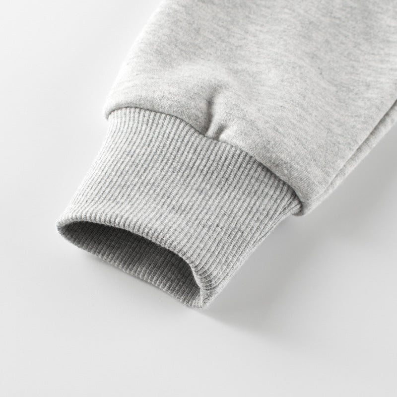 A cozy baby boy hoodie featuring cartoon patterns and slogans in blue and grey colors, perfect for winter wear.