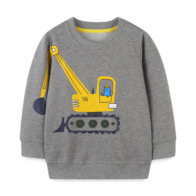 A cozy grey hoodie for baby boys featuring a playful cat excavator print, perfect for little construction enthusiasts.
