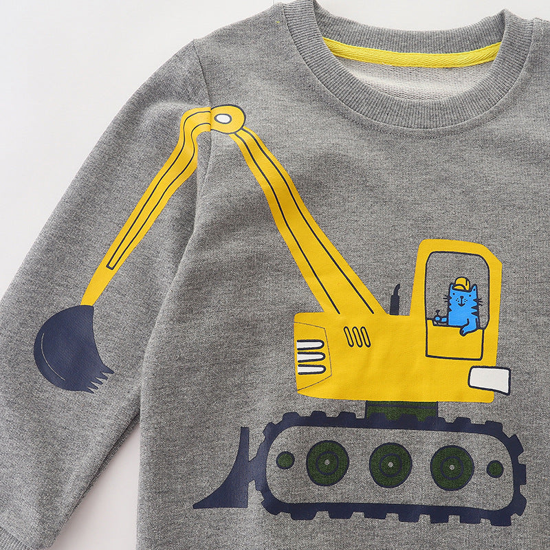 A cozy grey hoodie for baby boys featuring a playful cat excavator print, perfect for little construction enthusiasts.