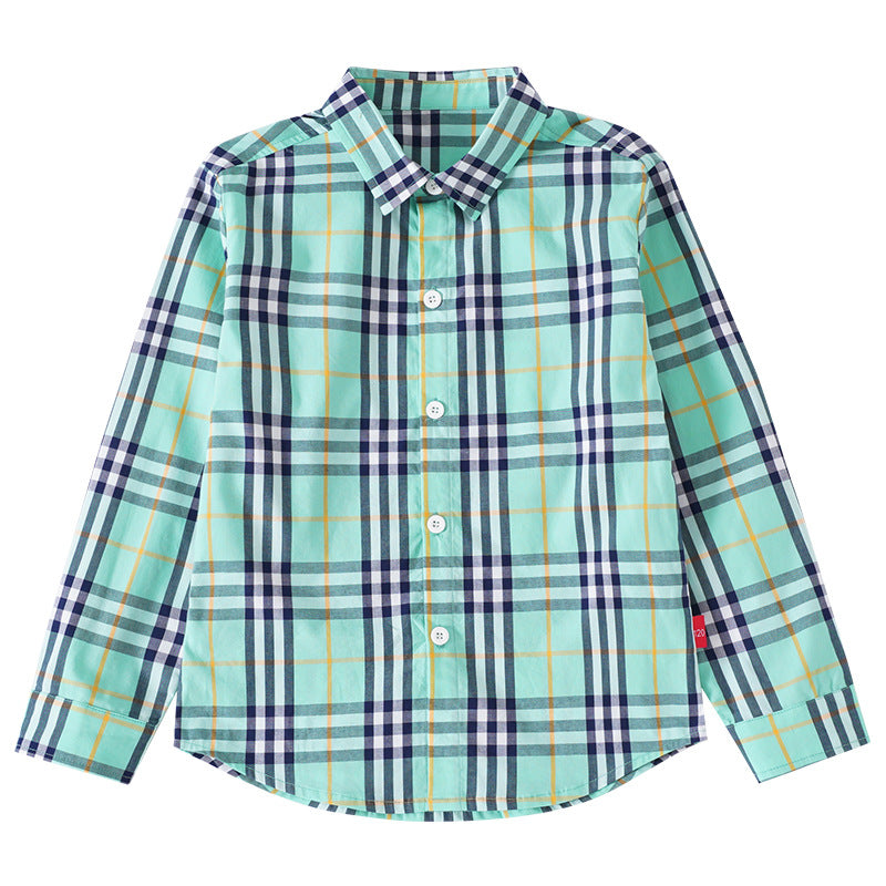 A stylish baby boy wearing a classic plaid pattern button front lapel shirt in red, green, and beige colors.