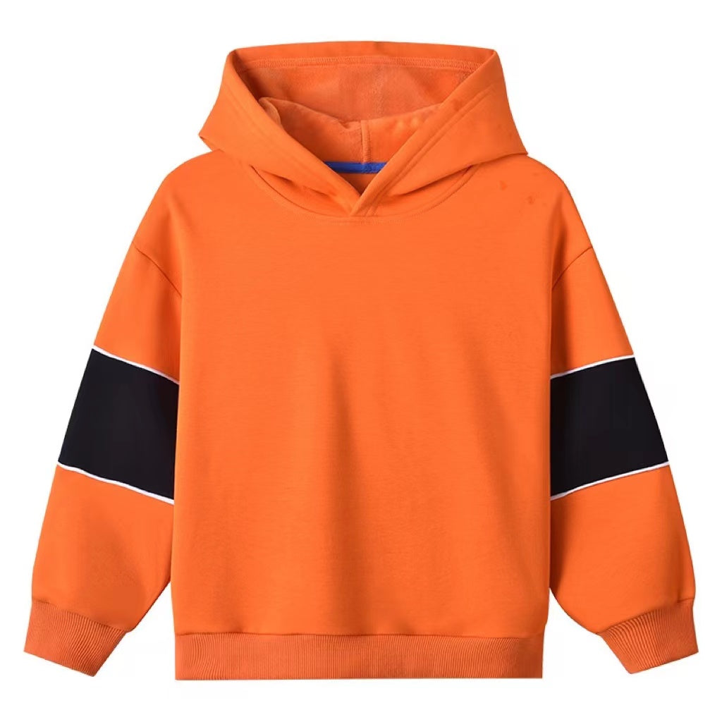 A cozy baby boy wearing a thickened fleece hoodie with contrast tape design in vibrant colors, perfect for spring and autumn.