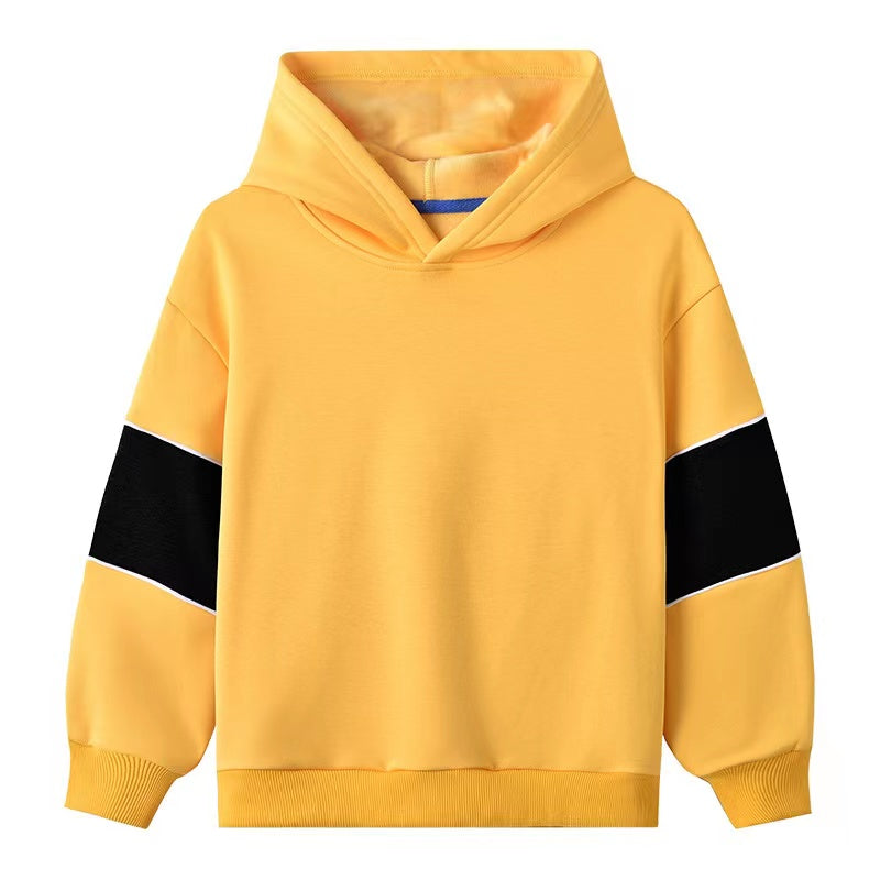 A cozy baby boy wearing a thickened fleece hoodie with contrast tape design in vibrant colors, perfect for spring and autumn.