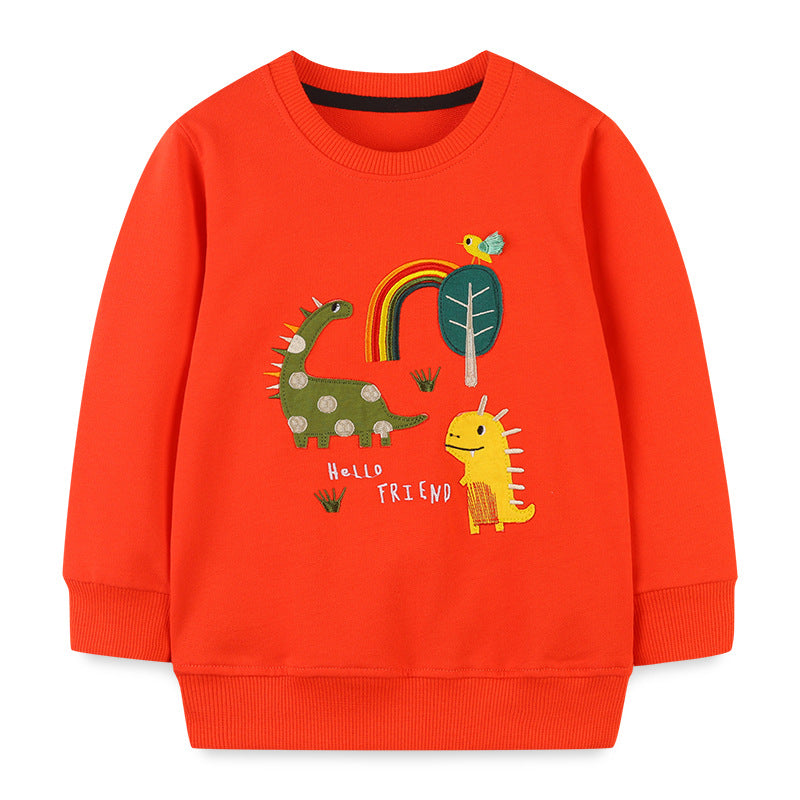 Baby boy wearing a cozy orange dinosaur embroidered pullover hoodie, showcasing a playful design perfect for toddlers.