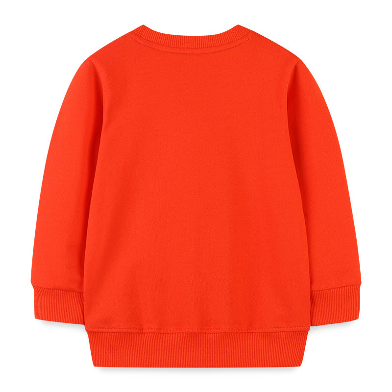 Baby boy wearing a cozy orange dinosaur embroidered pullover hoodie, showcasing a playful design perfect for toddlers.