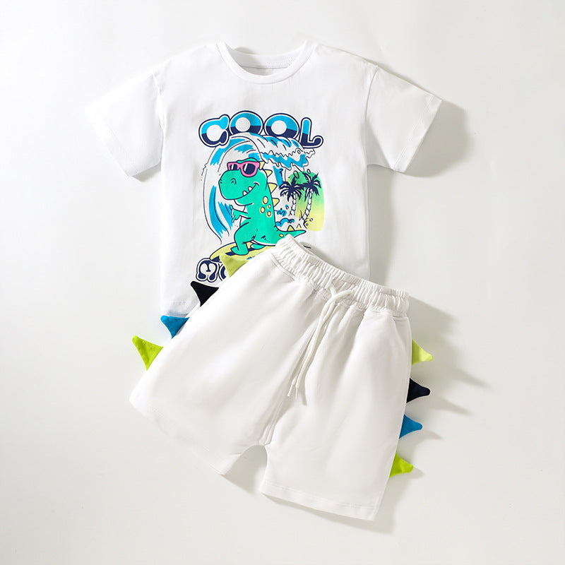 Baby boy wearing a dinosaur pattern short sleeve t-shirt clothing set, showcasing vibrant colors and playful design.