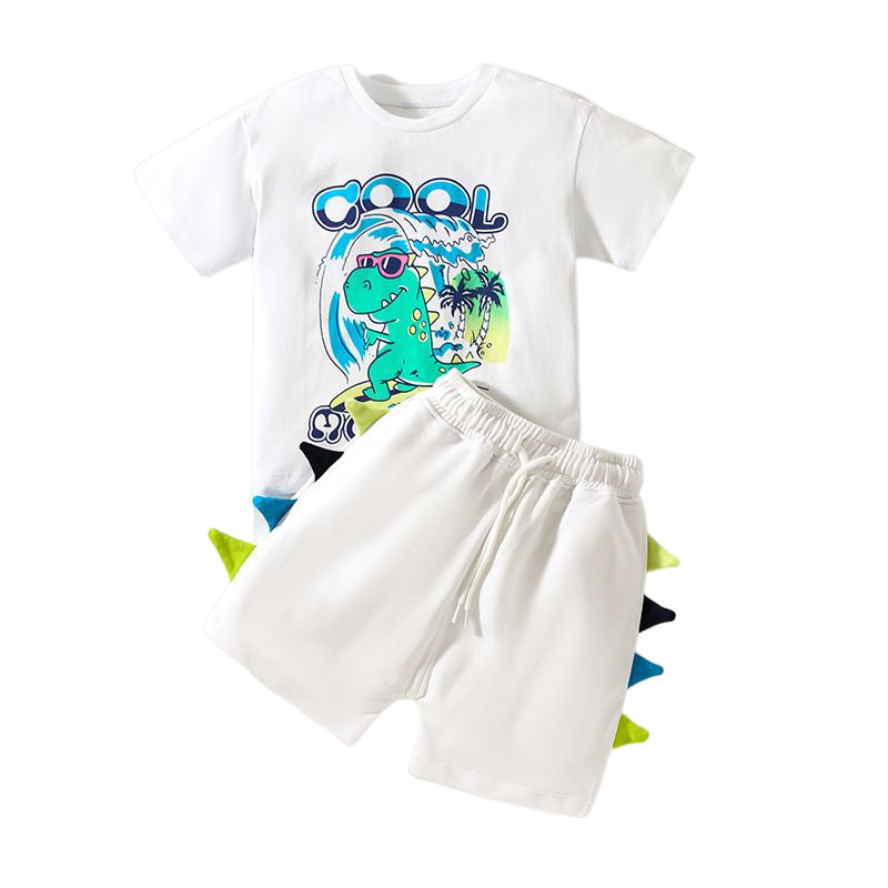 Baby boy wearing a dinosaur pattern short sleeve t-shirt clothing set, showcasing vibrant colors and playful design.