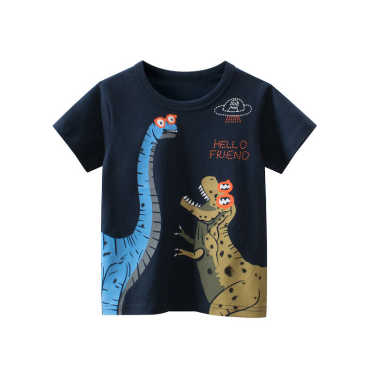 Baby boy wearing a dinosaur print round collar short-sleeved tee shirt in black, perfect for summer.