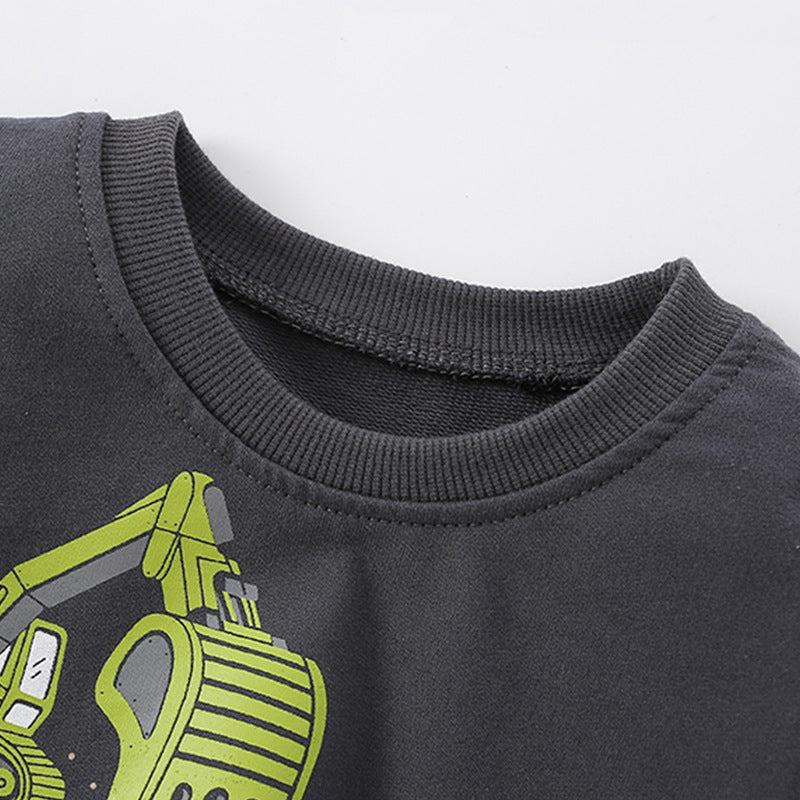 A grey baby boy hoodie featuring a playful excavator print pattern, made from soft cotton material, perfect for spring and autumn wear.