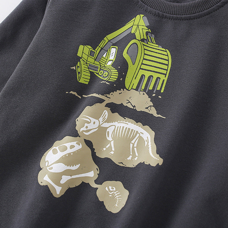 A grey baby boy hoodie featuring a playful excavator print pattern, made from soft cotton material, perfect for spring and autumn wear.