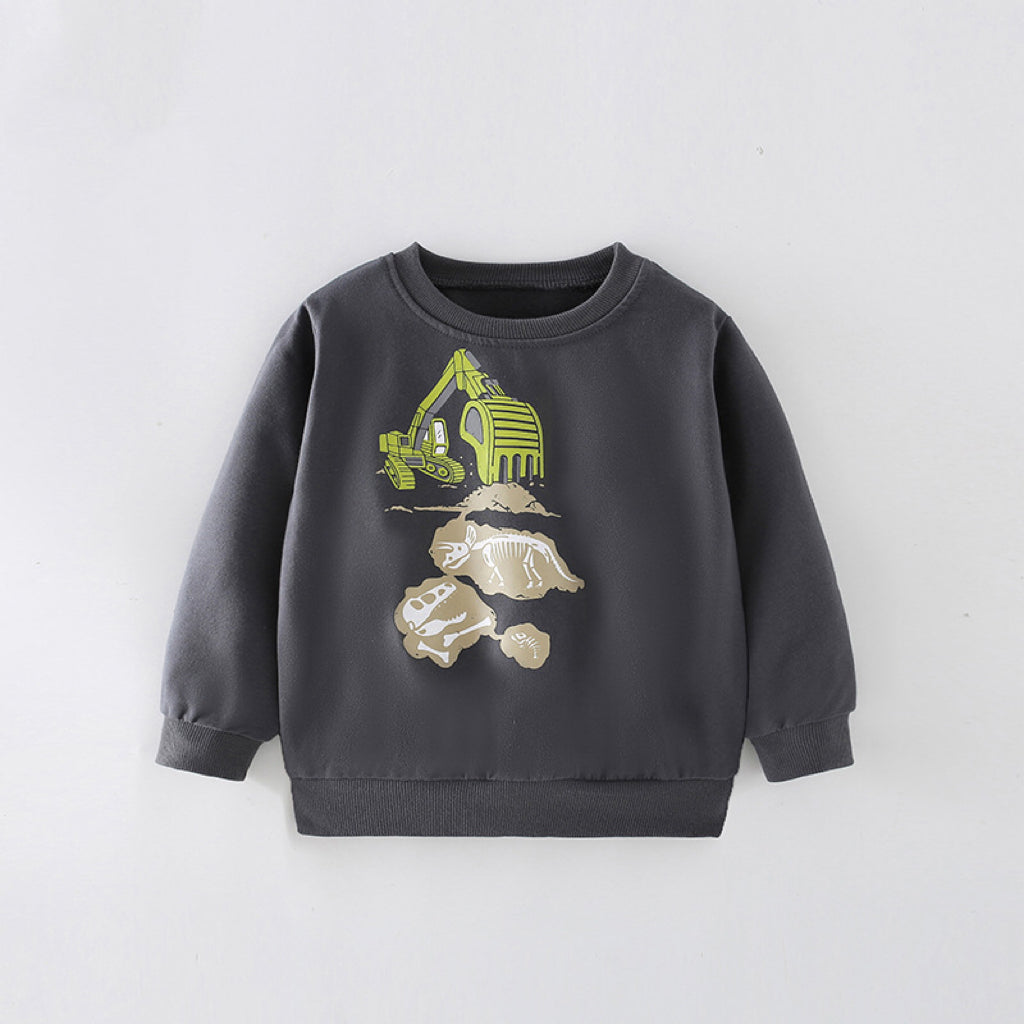 A grey baby boy hoodie featuring a playful excavator print pattern, made from soft cotton material, perfect for spring and autumn wear.